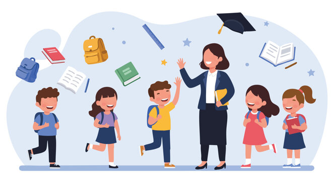 Joyful elementary students with backpacks eagerly greet their smiling female teacher, celebrating the beginning of a new school year
