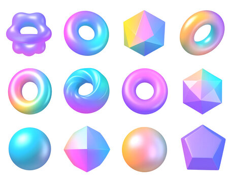 Twelve iridescent, pastel-colored 3D geometric shapes, including spheres, donuts, and polyhedra, arranged in a grid pattern against a white background.