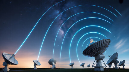 Array of satellite dishes transmitting signals into the night sky with visible data streams and a starry background