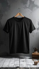 Black T Shirt on Wooden Hanger Against Gray Textured Wall with Vintage Decor Subtle Lighting Product Photography