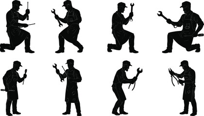 Silhouette workers using wrench and pliers, professional plumber and mechanic repair service, construction maintenance tools, handyman fixing pipeline vector illustration