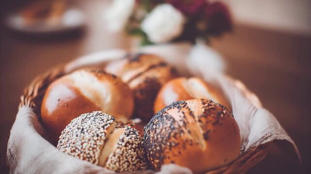 Deliciously Baked Bread Rolls Freshly Prepared in a Rustic Basket.