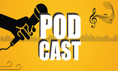 Podcast microphone illustration with sound waves and music notes on yellow background for audio show, radio, talk and streaming