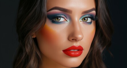 Fototapeta premium Glamorous Portrait Featuring Bold Eye Makeup and Red Lipstick