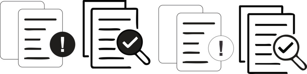 Document review and verification icons set with magnifying glass, approval check mark, warning alert symbol for audit and analysis