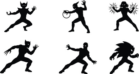 Superhero silhouette illustration set, comic book action characters, powerful poses, fantasy fighters, masked heroes, strong figures, superpower energy concept, vector design