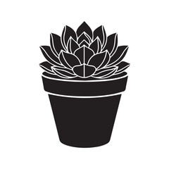 Succulent plant silhouette in a pot. Vector graphic icon of a potted houseplant, Echeveria, isolated on white background. Minimalist black and white botanical illustration for home decor.
