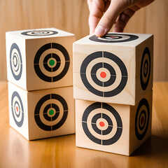 Hand putting target on several shop which print screen on wooden cube. Expand business investment and franchise concept.