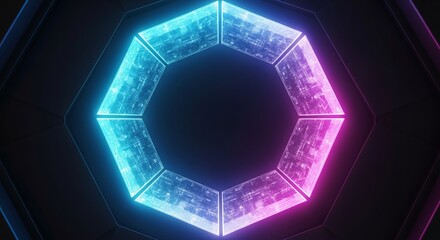Futuristic digital portal glows with vibrant blue and pink neon light, showcasing intricate circuit patterns in a dark abstract space
