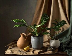 Abstract top view composition with houseplants pottery fabrics and stationery in artistic style for web and advertising use