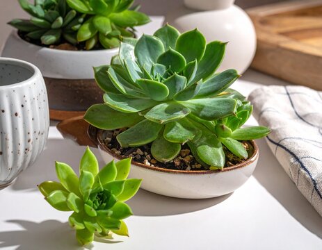 Abstract top view composition with houseplants pottery fabrics and stationery in artistic style for web and advertising use