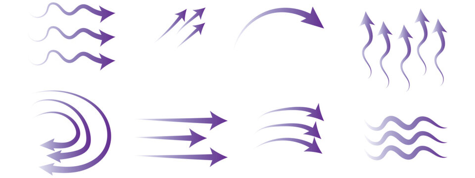 Air flow arrows set. Set of blue arrow showing wind air flow. Vector set of air flow arrows. Blue air flow arrows showing wind circulation and ventilation. Set of blue arrows showing cold air