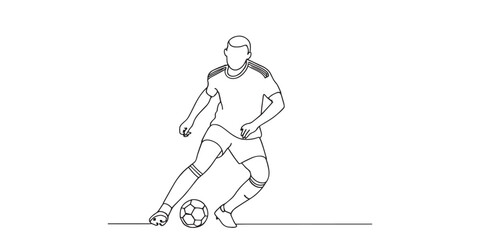 Line art illustration of a soccer player dribbling a football, symbolizing sports training, competition, teamwork, athletic skills, and active lifestyle.