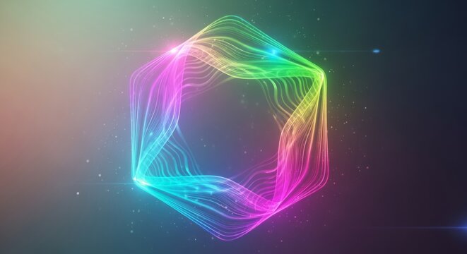 Vibrant glowing abstract hexagon of colorful light waves flows and shimmers in a dark cosmic background with subtle particles
