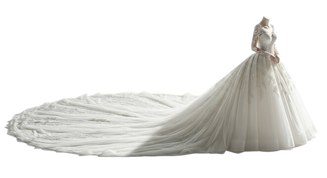 Elegant white wedding dress with long train, luxury bridal gown on mannequin, formal ivory ballgown for marriage ceremony, isolated PNG on white