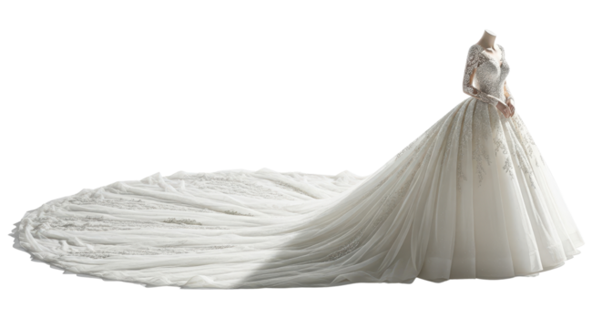 Elegant long train wedding dress for bridal fashion isolated PNG with Transparent Background - Powered by Adobe