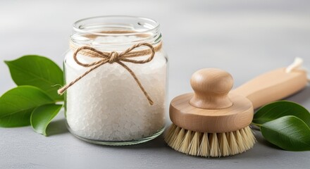 A glass jar filled with coarse white salt, tied with twine and placed next to a wooden brush and green leaves on a grey surface