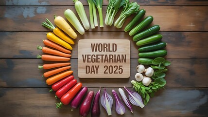 Vibrant fresh vegetables form a colorful circle around World Vegetarian Day 2025 message