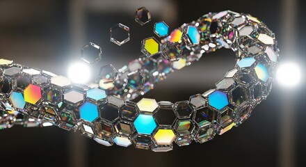 Dazzling crystal honeycomb structure twisting dynamically with vibrant light reflections and scattered geometric elements