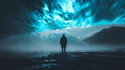 Fototapeta premium Traveler standing beside glowing blue glacier ice cave wearing winter clothing, adventurous cold climate exploration travel concept.