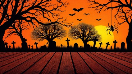 Spooky halloween graveyard scene with bare trees and bats at sunset