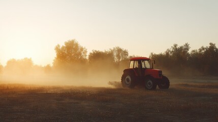 Fototapeta premium Tractor on Farm Field in Misty Morning Light, Rural Farming Equipment, Golden Hour