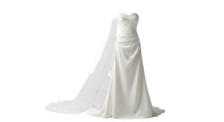 Elegant flowing white wedding gown with veil isolated PNG with Transparent Background