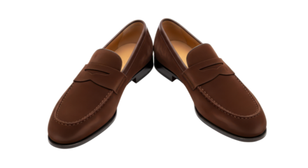 Pair of brown suede penny loafer shoes isolated PNG with Transparent Background