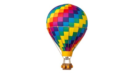 Vibrant Rainbow Hot Air Balloon with Wicker Basket on White Background