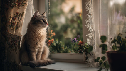 窓辺で外を見つめる可愛い猫