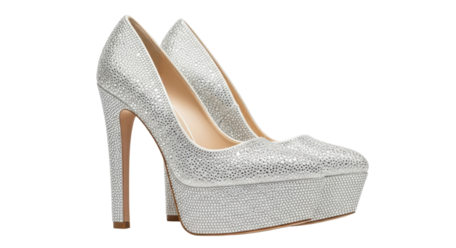 Sparkling silver high heels for fashionable women isolated PNG with Transparent Background
