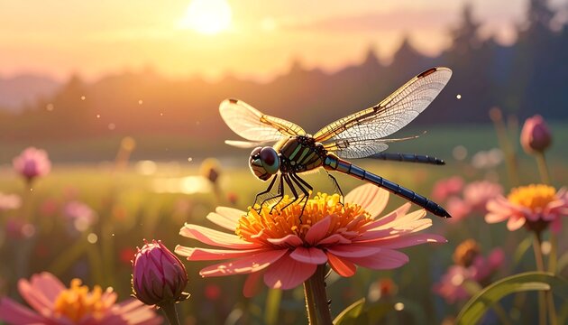 Beautiful dragonfly on a flower in a vibrant sunrise field