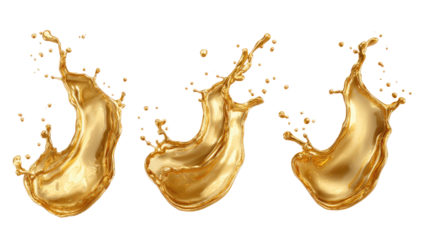Three golden liquid splashes against a transparent background