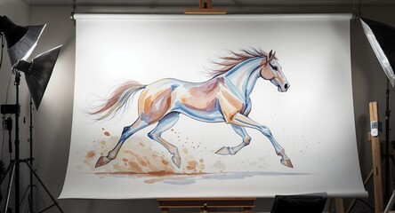 Watercolor Painting of a Running Horse with Light and Shadow Effects