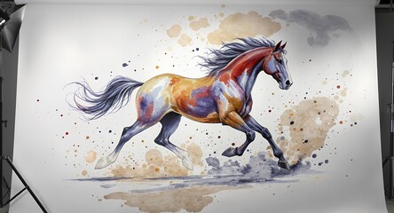 Watercolor Painting of a Running Horse With Colorful Body Against White Background