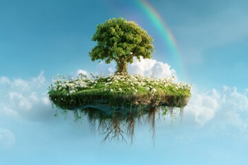 A lush floating island with daisies and tree appears under a vibrant rainbow