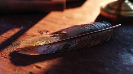 A radiant iridescent feather rests gently upon a rustic wooden surface, catching the light