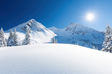 Fototapeta premium Beautiful winter landscape featuring snow capped mountains, evergreen pine trees, and fresh snow under a clear blue sky