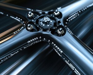 A detailed image of a drone propeller in motion, with its sharp, sleek design contrasted against blurred motion trails. Tiny bolts and seams are clearly visible on the propeller's hub.