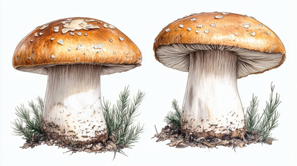 Two mushrooms with detailed illustration