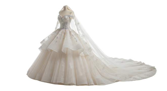 Elegant couture wedding dress with veil isolated PNG with Transparent Background