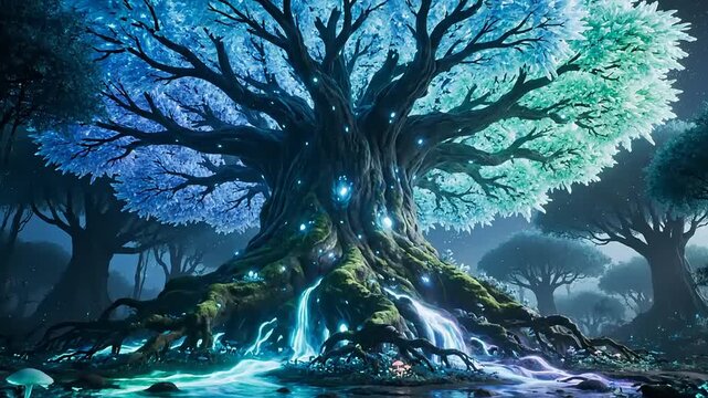 Mystical Tree of Life in an enchanted forest at night. A fantasy world tree glowing with blue and green magical energy flowing from its roots. Seamless loop animation.
