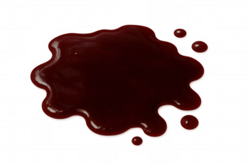 Dark red blood pooling on the ground in a puddle with tiny droplets, perfect for forensic, trauma, and horror themes on a clear background