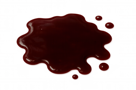 Dark red blood pooling on the ground in a puddle with tiny droplets, perfect for forensic, trauma, and horror themes on a clear background