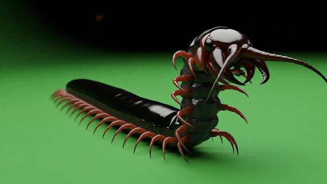 Realistic 3D Rendering of a Centipede with Detailed Body and Legs on a Green Background