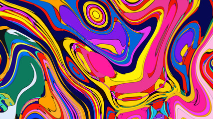 Funky liquid shapes pattern - colorful abstract organic forms on blue background. Retro groovy blobs, flowing curves, psychedelic design elements. Lava lamp style ornament, 70s aesthetic decorations.