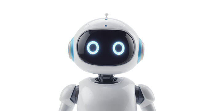 A Friendly-Looking Robot with Glowing Eyes on a White Background - Powered by Adobe