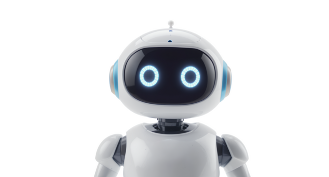 A Friendly-Looking Robot with Glowing Eyes on a White Background