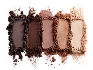 Four shades of eyeshadow powder,  various tones of brown and beige,  textured, on transparent background
