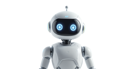 A Futuristic Robot Character with Glowing Eyes on a White Background